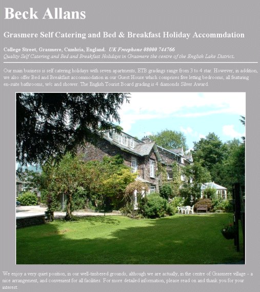 Beck Allans - Quality Self Catering and Bed & Breakfast accommodation in the centre of Grasmere village, the Heart of the English Lake District